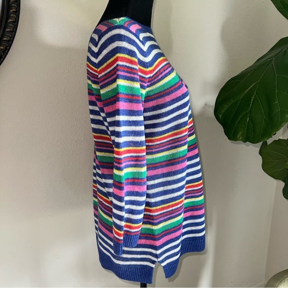 Talbots Petunia Striped 100% Linen Crewneck Sweater Ribbed Hem Side Slits MP - Picture 5 of 12